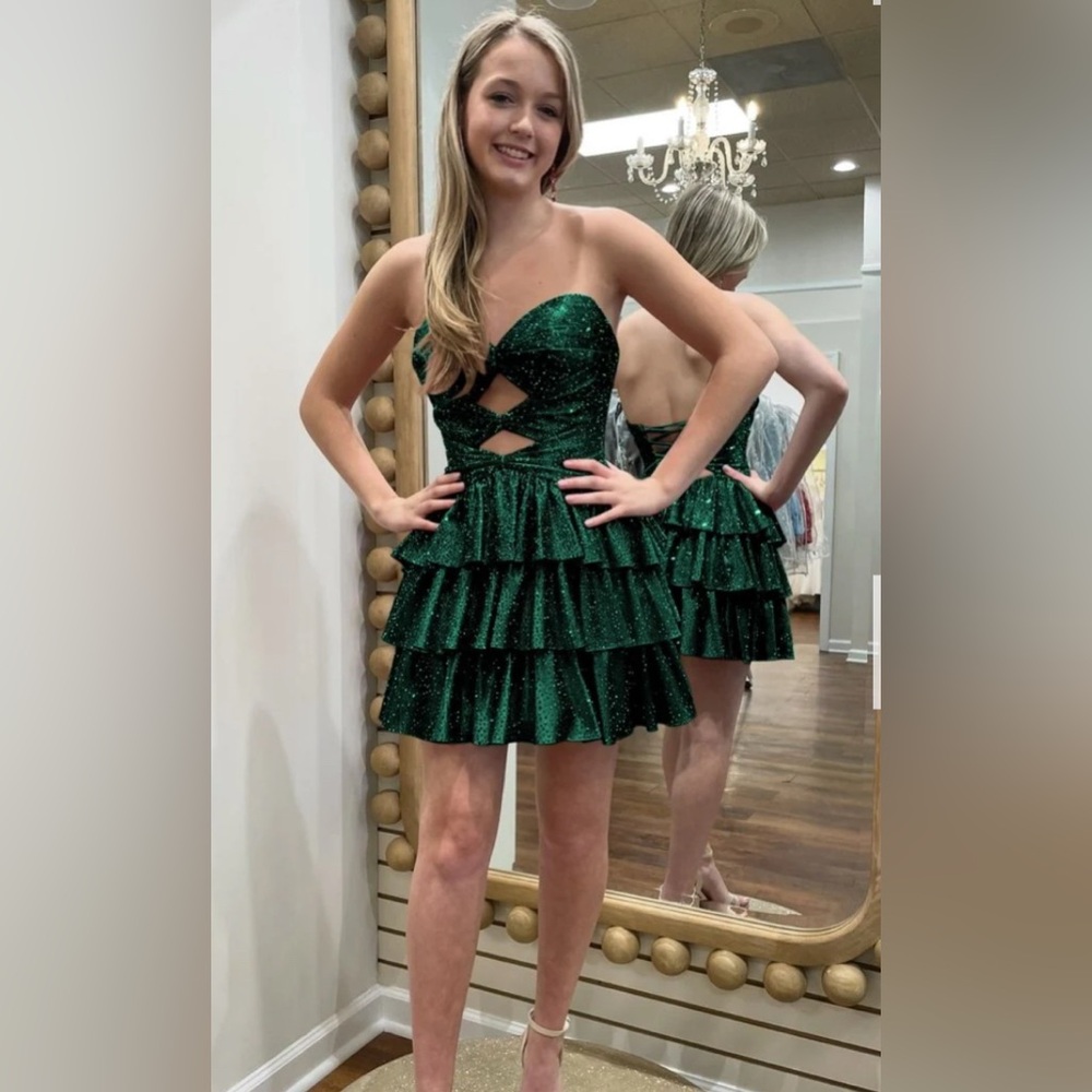 Cindra Dark Green A Line Sweetheart Satin Cut Out Ruffled Homecoming Dress NWT